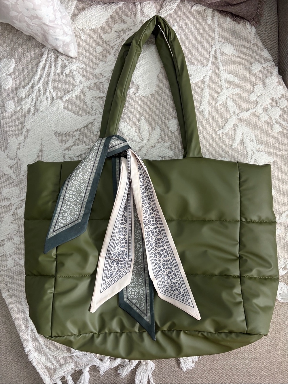 Quilted Olive Green Tote Bag with Scarf Accent